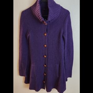 Theory Wool Turtleneck Purple Chunky Swing Cardigan Holiday Ribbed Cozy Sweater
